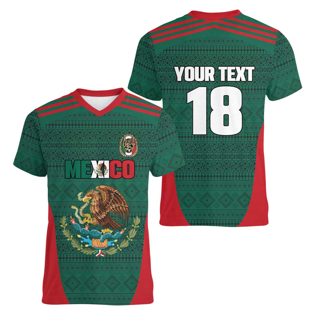 Custom Mexico Football Women V-Neck T-Shirt Aztec Eagle Spirit - Wonder Print Shop