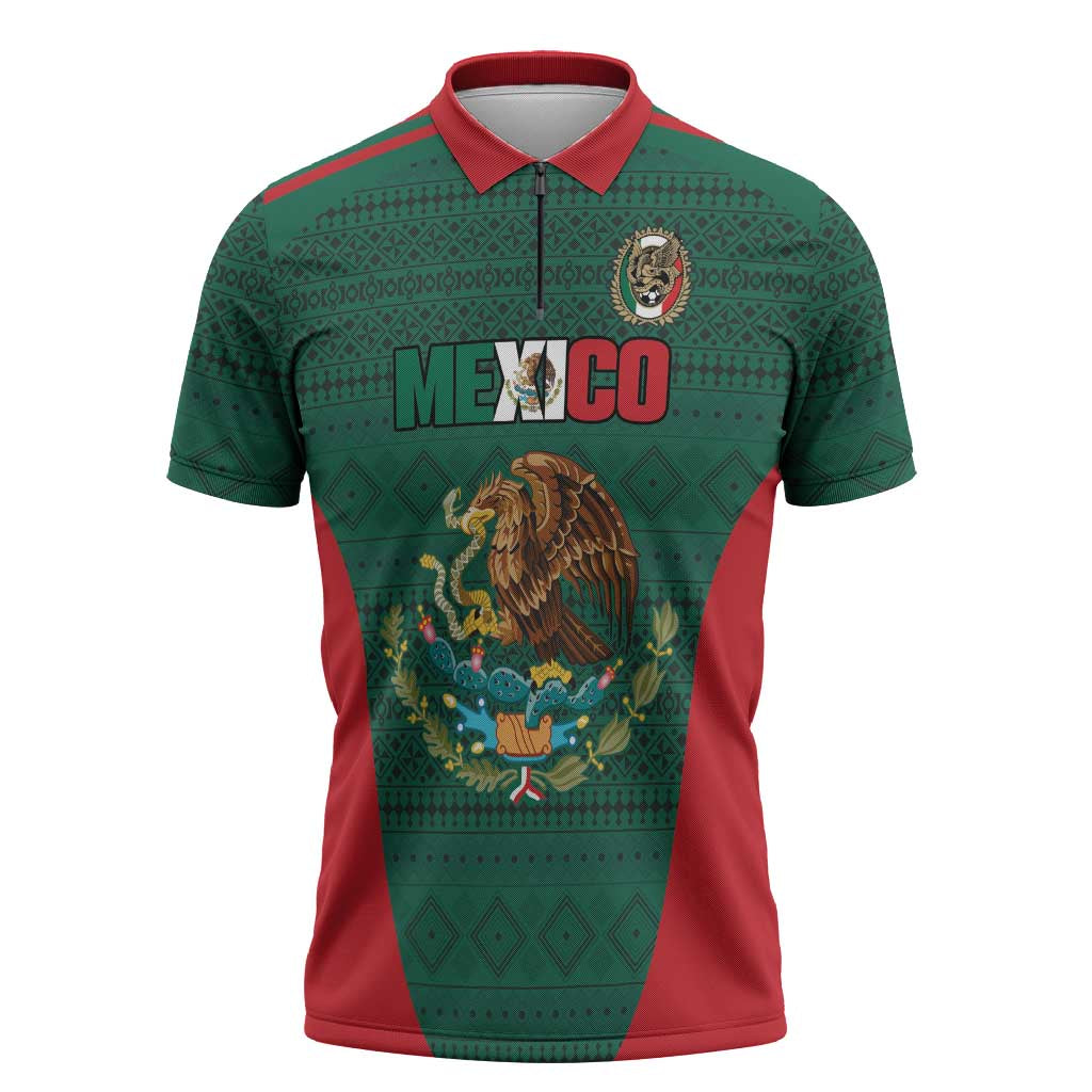Custom Mexico Football Zipper Polo Shirt Aztec Eagle Spirit - Wonder Print Shop