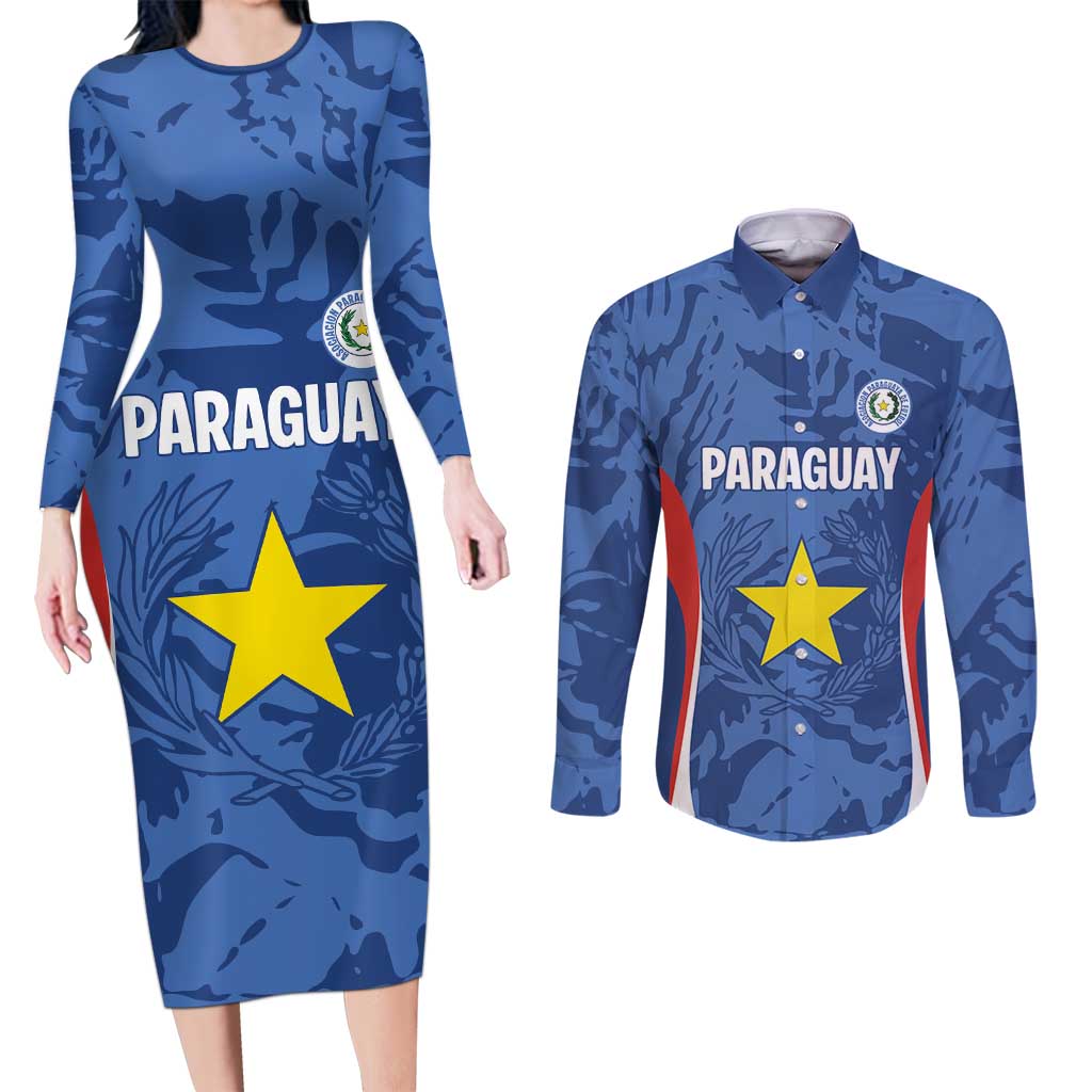 Custom Paraguay Football Couples Matching Long Sleeve Bodycon Dress and Long Sleeve Button Shirt La Albirroja Pride - Wonder Print Shop