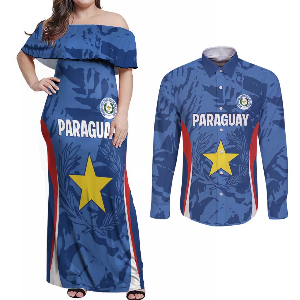 Custom Paraguay Football Couples Matching Off Shoulder Maxi Dress and Long Sleeve Button Shirt La Albirroja Pride - Wonder Print Shop