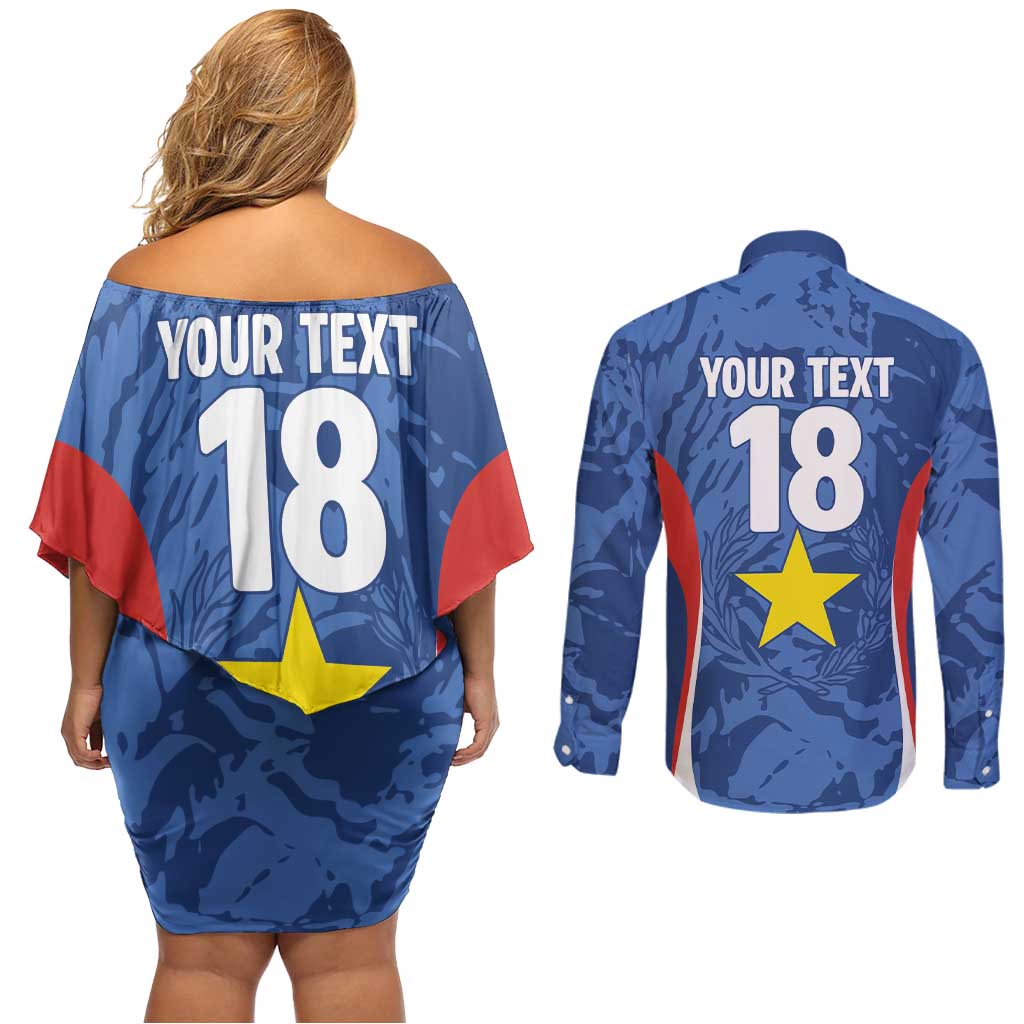 Custom Paraguay Football Couples Matching Off Shoulder Short Dress and Long Sleeve Button Shirt La Albirroja Pride - Wonder Print Shop