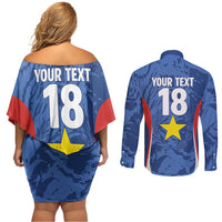Custom Paraguay Football Couples Matching Off Shoulder Short Dress and Long Sleeve Button Shirt La Albirroja Pride - Wonder Print Shop