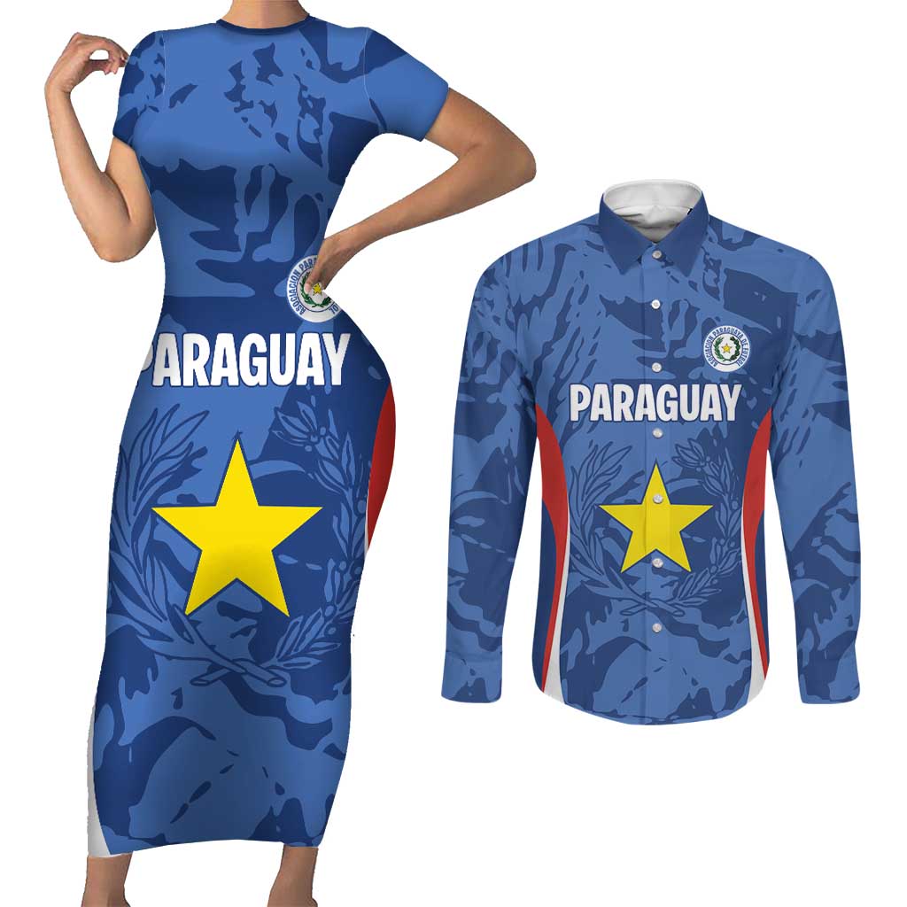 Custom Paraguay Football Couples Matching Short Sleeve Bodycon Dress and Long Sleeve Button Shirt La Albirroja Pride - Wonder Print Shop