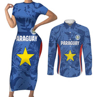 Custom Paraguay Football Couples Matching Short Sleeve Bodycon Dress and Long Sleeve Button Shirt La Albirroja Pride - Wonder Print Shop