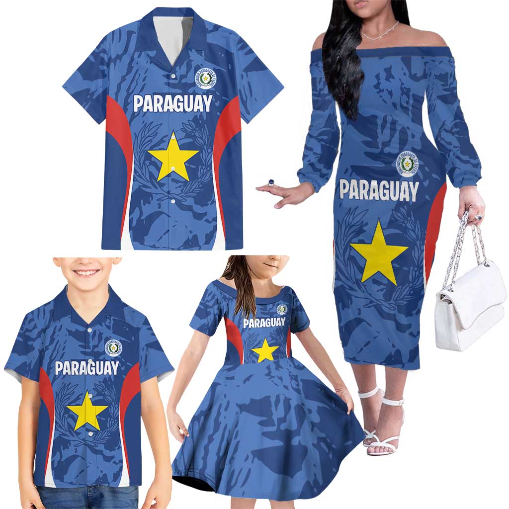 Custom Paraguay Football Family Matching Off The Shoulder Long Sleeve Dress and Hawaiian Shirt La Albirroja Pride - Wonder Print Shop
