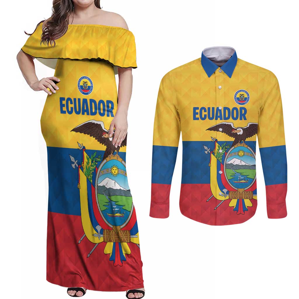 Ecuador Football Custom Couples Matching Off Shoulder Maxi Dress and Long Sleeve Button Shirt La Tricolor Pride - Wonder Print Shop