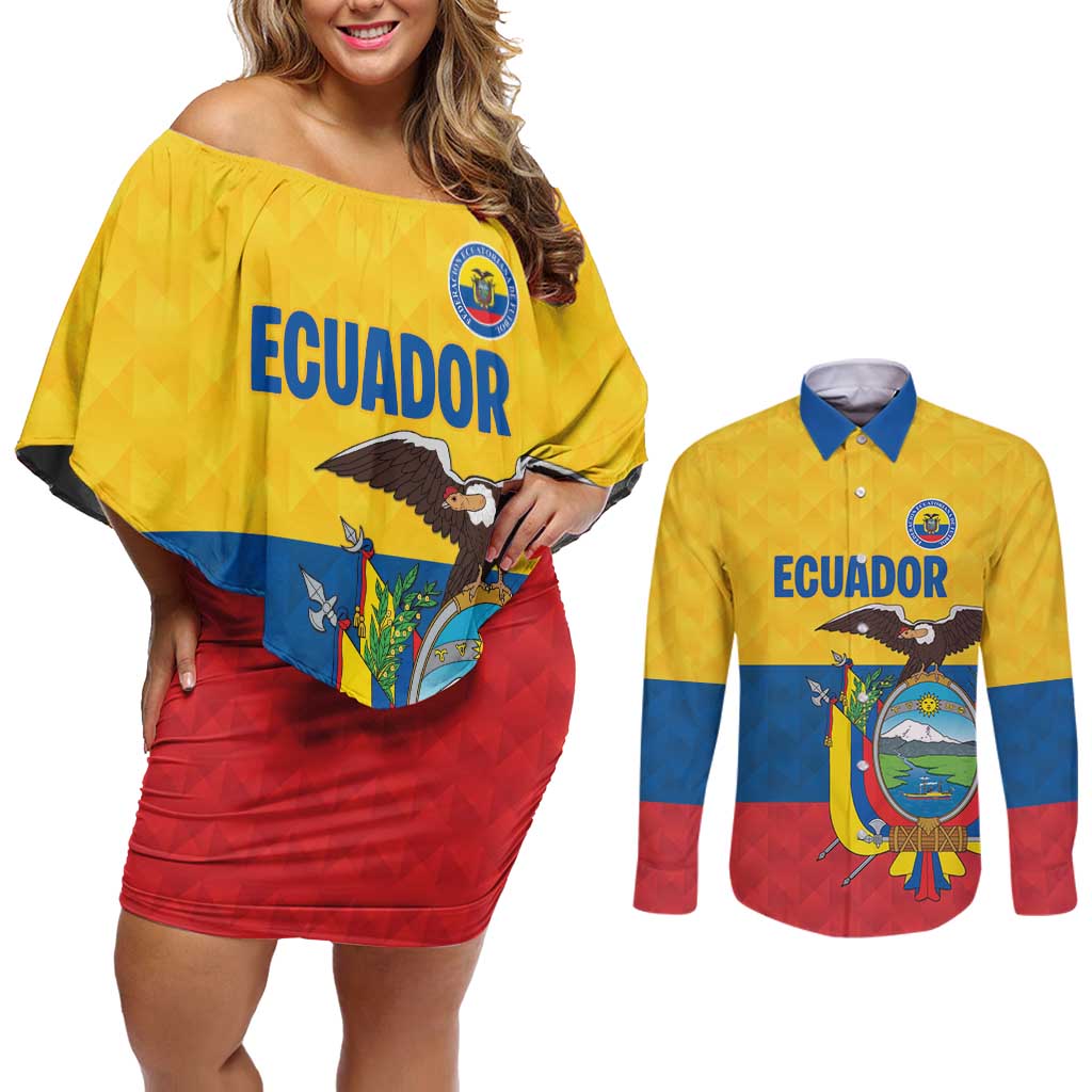 Ecuador Football Custom Couples Matching Off Shoulder Short Dress and Long Sleeve Button Shirt La Tricolor Pride - Wonder Print Shop