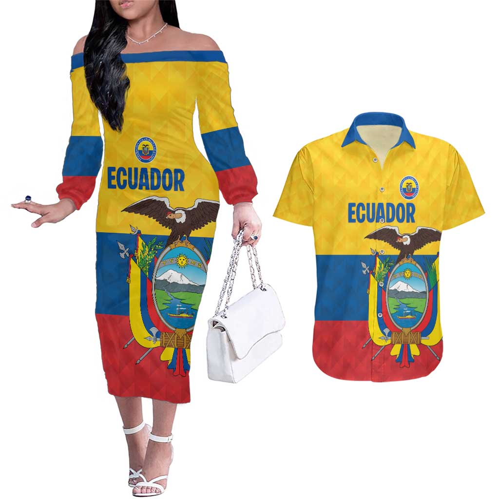 Ecuador Football Custom Couples Matching Off The Shoulder Long Sleeve Dress and Hawaiian Shirt La Tricolor Pride - Wonder Print Shop