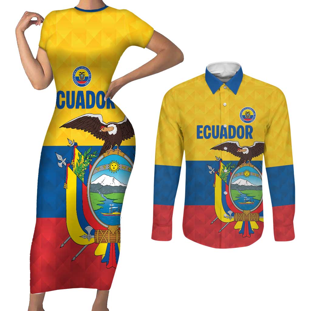 Ecuador Football Custom Couples Matching Short Sleeve Bodycon Dress and Long Sleeve Button Shirt La Tricolor Pride - Wonder Print Shop