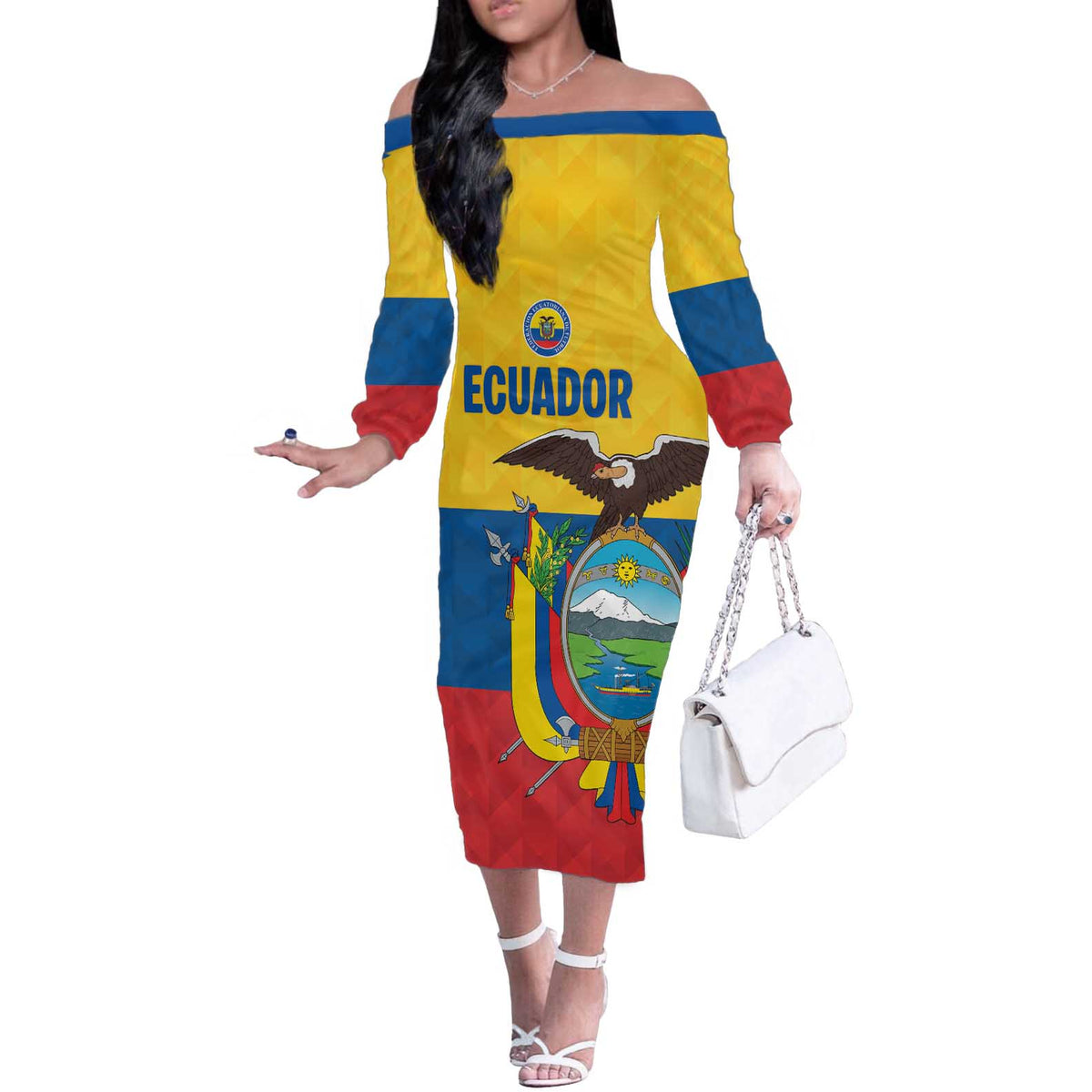 Ecuador Football Custom Off The Shoulder Long Sleeve Dress La Tricolor Pride - Wonder Print Shop