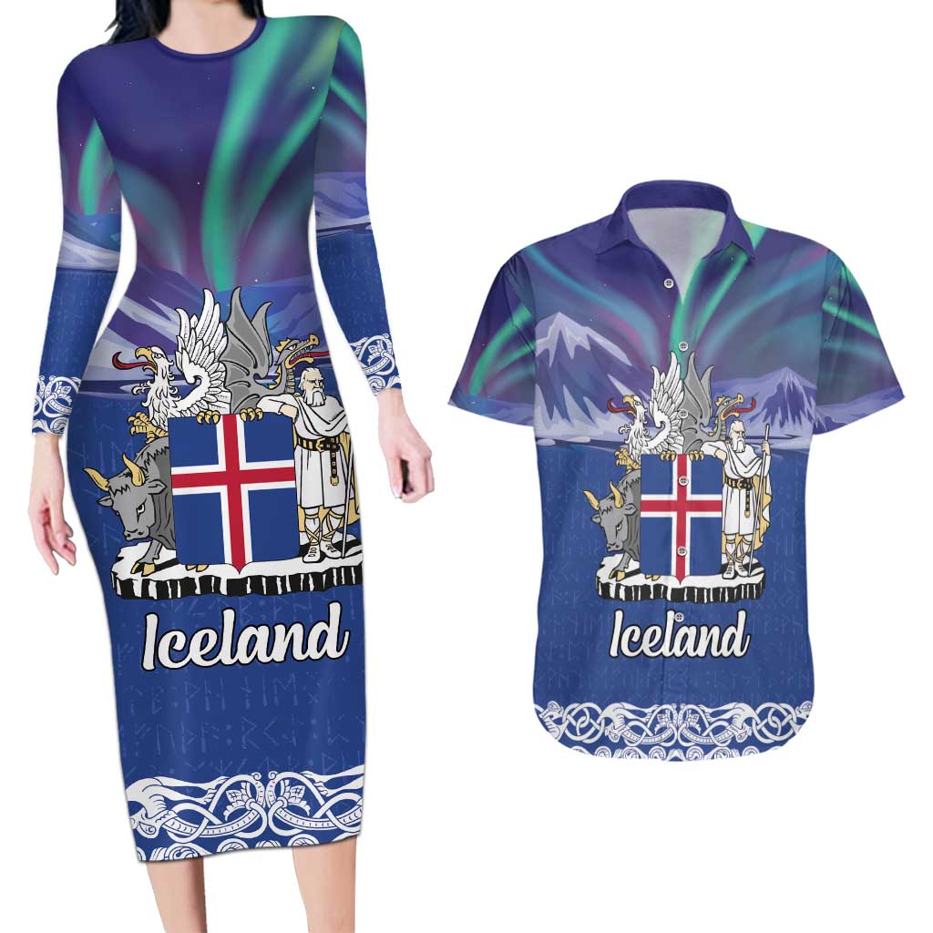 Iceland Couples Matching Long Sleeve Bodycon Dress and Hawaiian Shirt Icelandic Landscape Northern Lights
