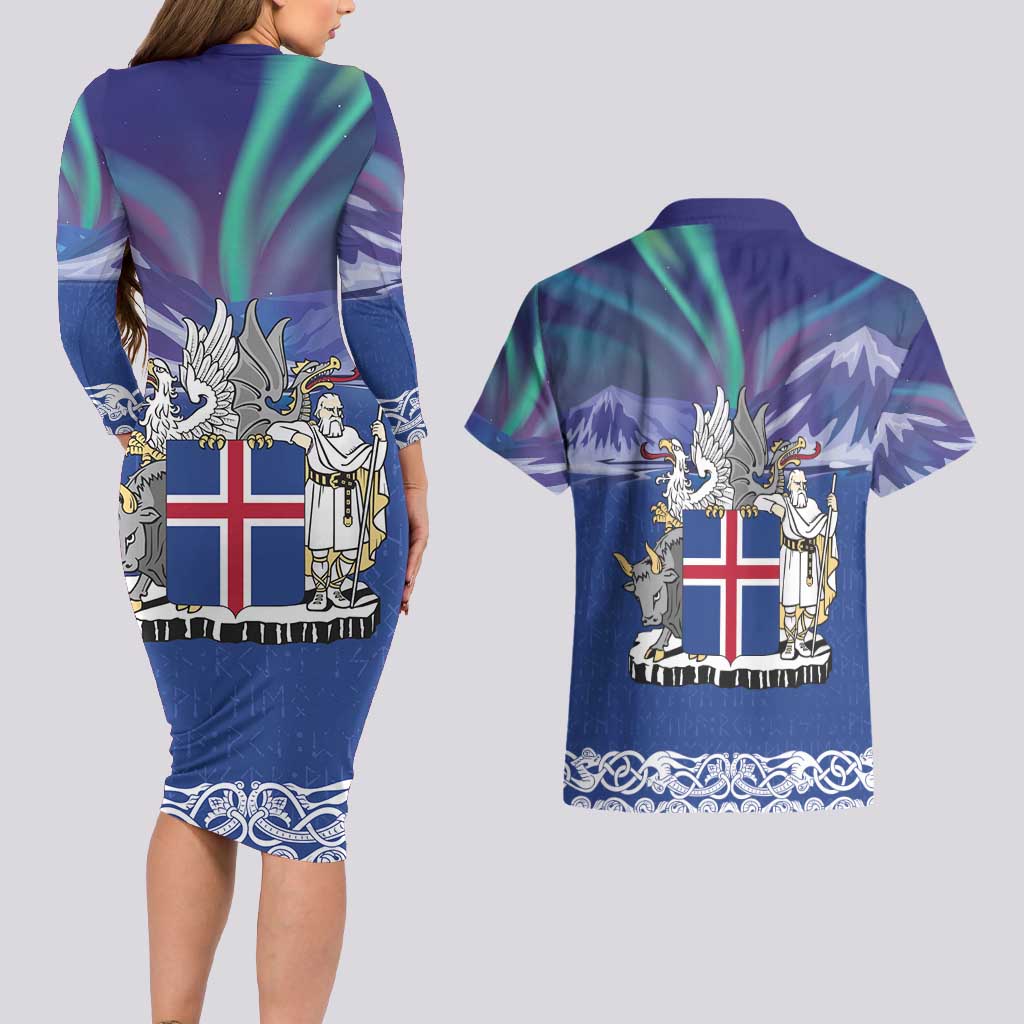 Iceland Couples Matching Long Sleeve Bodycon Dress and Hawaiian Shirt Icelandic Landscape Northern Lights