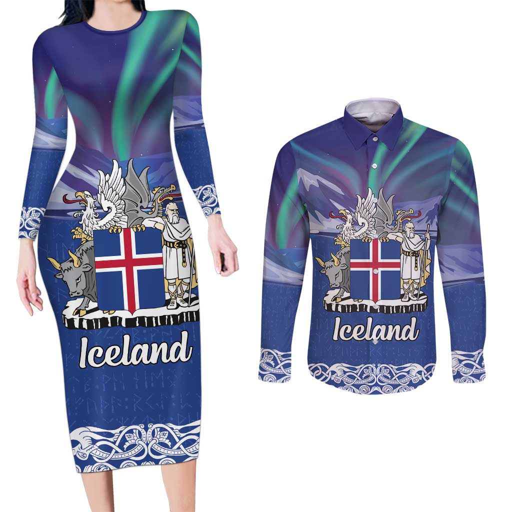 Iceland Couples Matching Long Sleeve Bodycon Dress and Long Sleeve Button Shirt Icelandic Landscape Northern Lights
