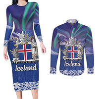 Iceland Couples Matching Long Sleeve Bodycon Dress and Long Sleeve Button Shirt Icelandic Landscape Northern Lights
