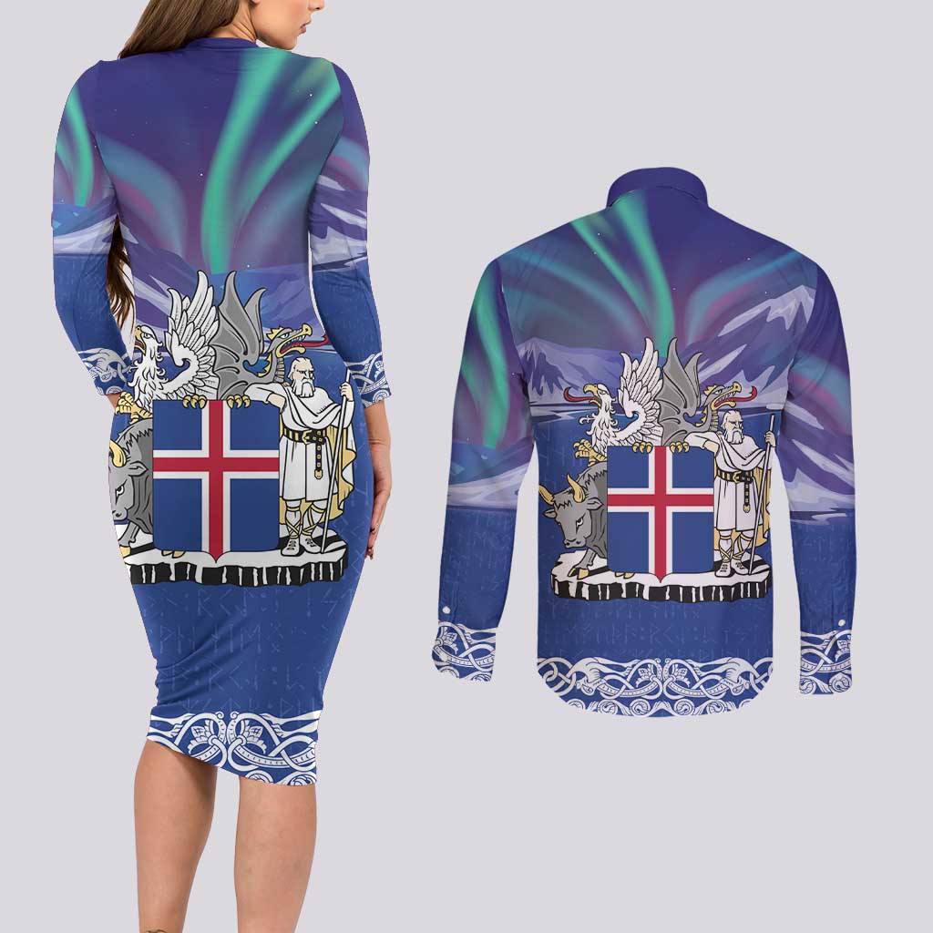 Iceland Couples Matching Long Sleeve Bodycon Dress and Long Sleeve Button Shirt Icelandic Landscape Northern Lights