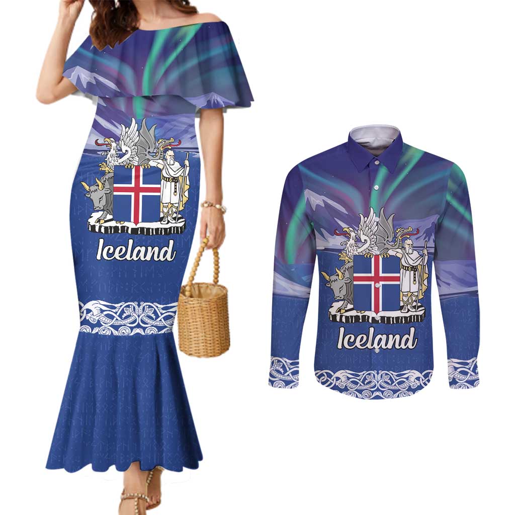Iceland Couples Matching Mermaid Dress and Long Sleeve Button Shirt Icelandic Landscape Northern Lights