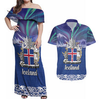 Iceland Couples Matching Off Shoulder Maxi Dress and Hawaiian Shirt Icelandic Landscape Northern Lights