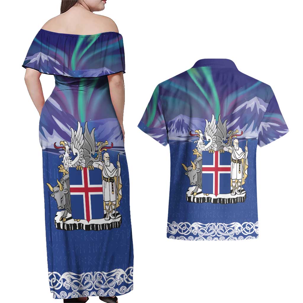 Iceland Couples Matching Off Shoulder Maxi Dress and Hawaiian Shirt Icelandic Landscape Northern Lights