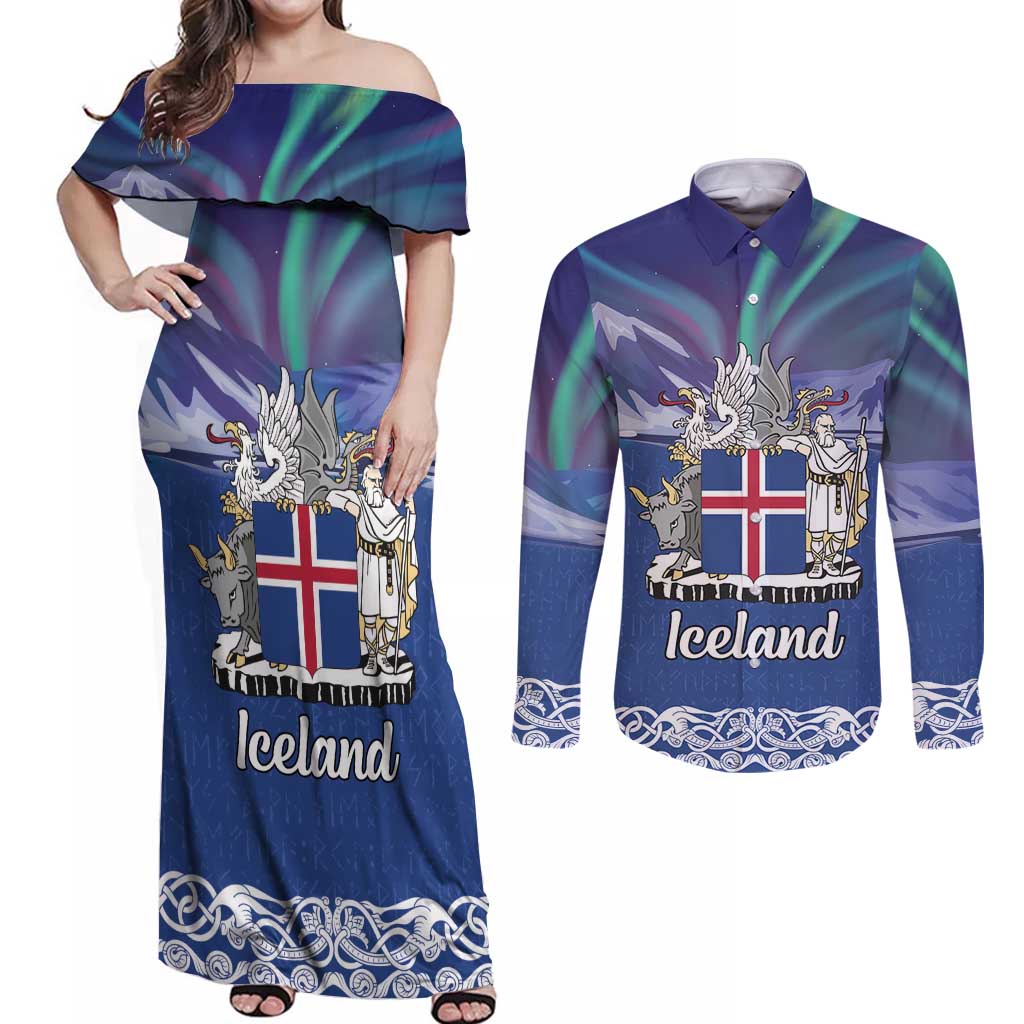 Iceland Couples Matching Off Shoulder Maxi Dress and Long Sleeve Button Shirt Icelandic Landscape Northern Lights
