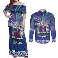 Iceland Couples Matching Off Shoulder Maxi Dress and Long Sleeve Button Shirt Icelandic Landscape Northern Lights