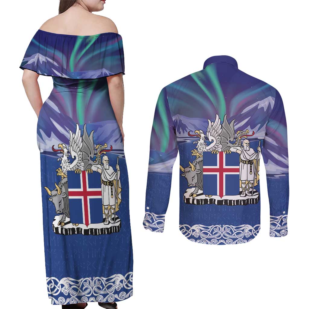Iceland Couples Matching Off Shoulder Maxi Dress and Long Sleeve Button Shirt Icelandic Landscape Northern Lights