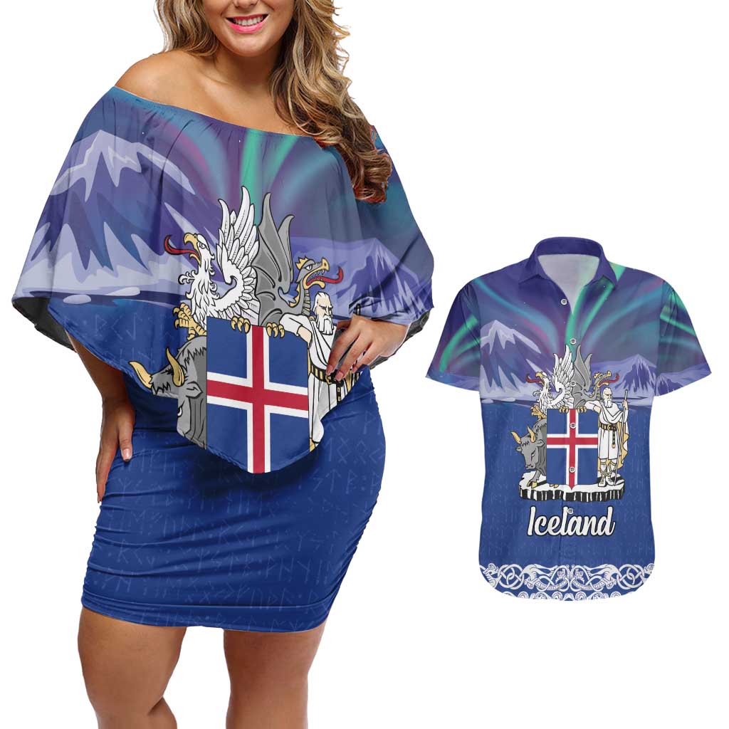Iceland Couples Matching Off Shoulder Short Dress and Hawaiian Shirt Icelandic Landscape Northern Lights