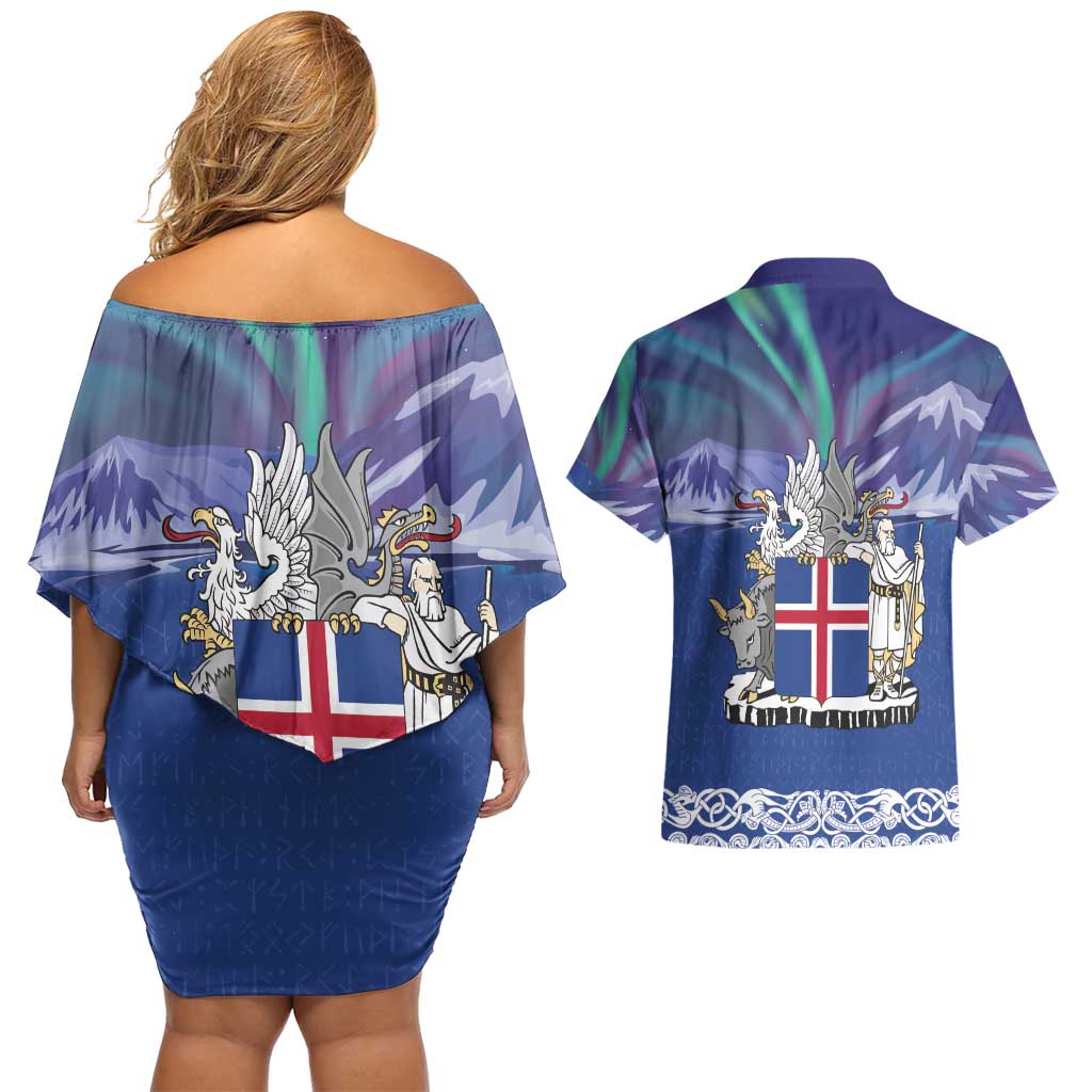Iceland Couples Matching Off Shoulder Short Dress and Hawaiian Shirt Icelandic Landscape Northern Lights