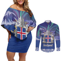Iceland Couples Matching Off Shoulder Short Dress and Long Sleeve Button Shirt Icelandic Landscape Northern Lights
