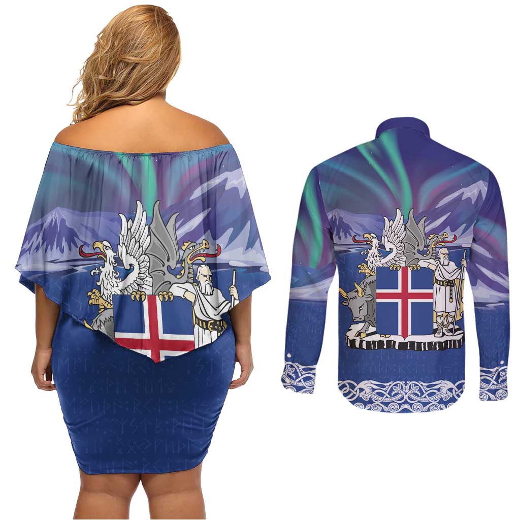 Iceland Couples Matching Off Shoulder Short Dress and Long Sleeve Button Shirt Icelandic Landscape Northern Lights