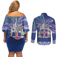Iceland Couples Matching Off Shoulder Short Dress and Long Sleeve Button Shirt Icelandic Landscape Northern Lights