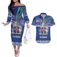 Iceland Couples Matching Off The Shoulder Long Sleeve Dress and Hawaiian Shirt Icelandic Landscape Northern Lights