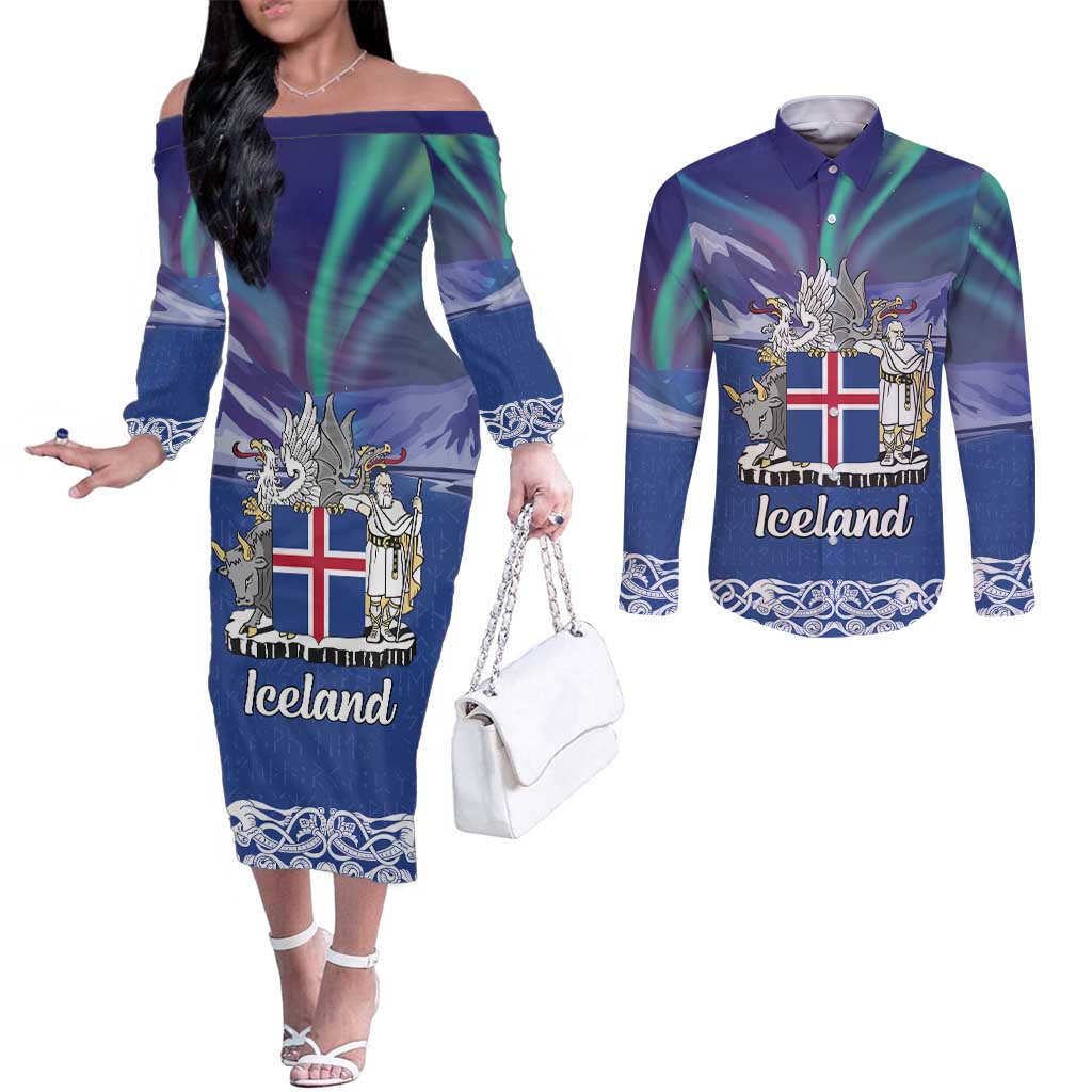 Iceland Couples Matching Off The Shoulder Long Sleeve Dress and Long Sleeve Button Shirt Icelandic Landscape Northern Lights