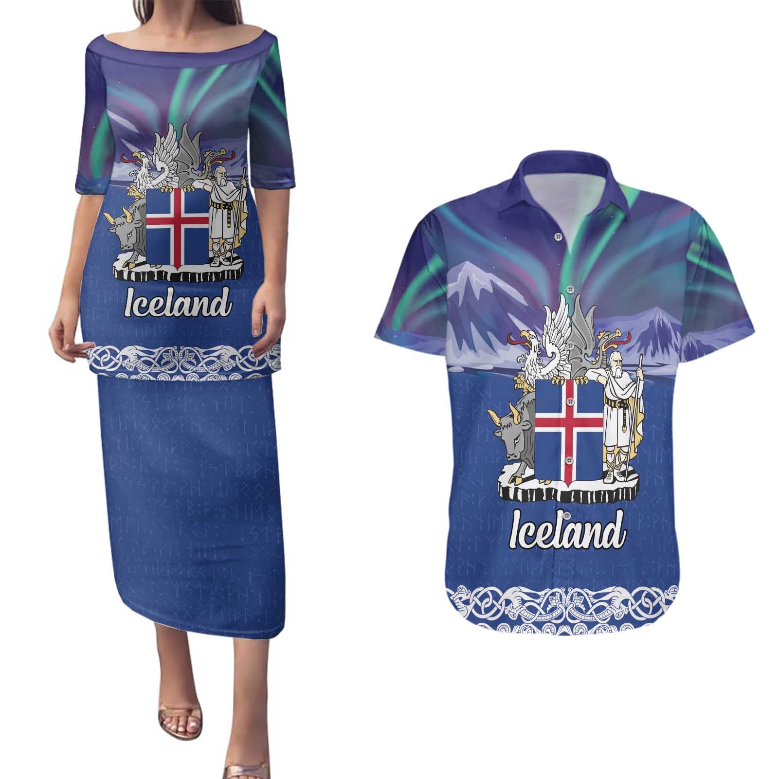 Iceland Couples Matching Puletasi and Hawaiian Shirt Icelandic Landscape Northern Lights