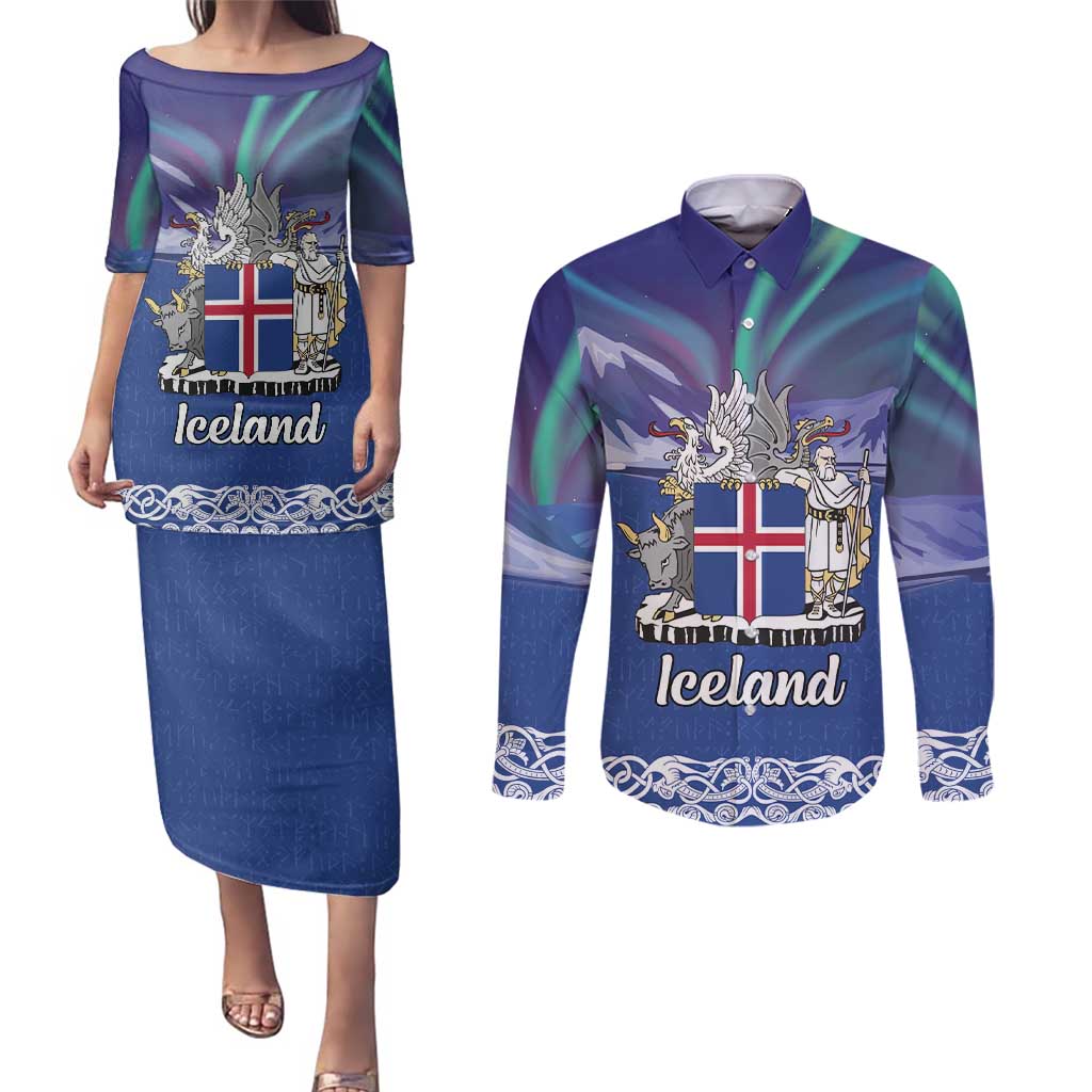 Iceland Couples Matching Puletasi and Long Sleeve Button Shirt Icelandic Landscape Northern Lights