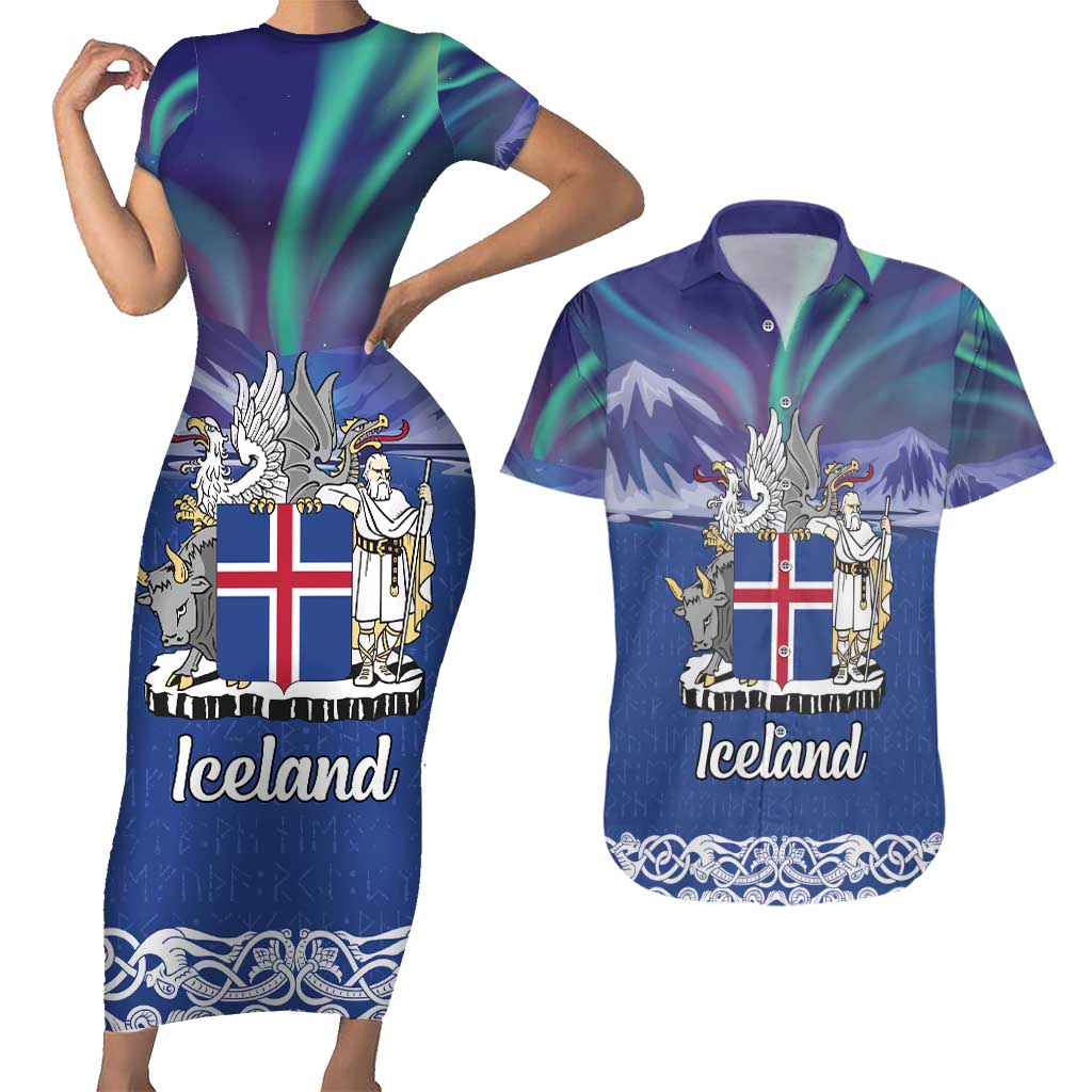Iceland Couples Matching Short Sleeve Bodycon Dress and Hawaiian Shirt Icelandic Landscape Northern Lights