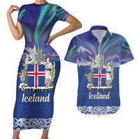 Iceland Couples Matching Short Sleeve Bodycon Dress and Hawaiian Shirt Icelandic Landscape Northern Lights