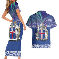 Iceland Couples Matching Short Sleeve Bodycon Dress and Hawaiian Shirt Icelandic Landscape Northern Lights