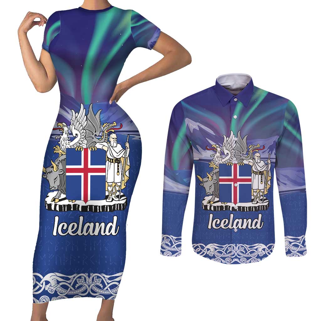 Iceland Couples Matching Short Sleeve Bodycon Dress and Long Sleeve Button Shirt Icelandic Landscape Northern Lights