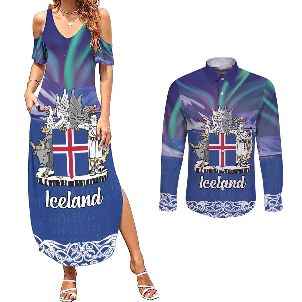 Iceland Couples Matching Summer Maxi Dress and Long Sleeve Button Shirt Icelandic Landscape Northern Lights