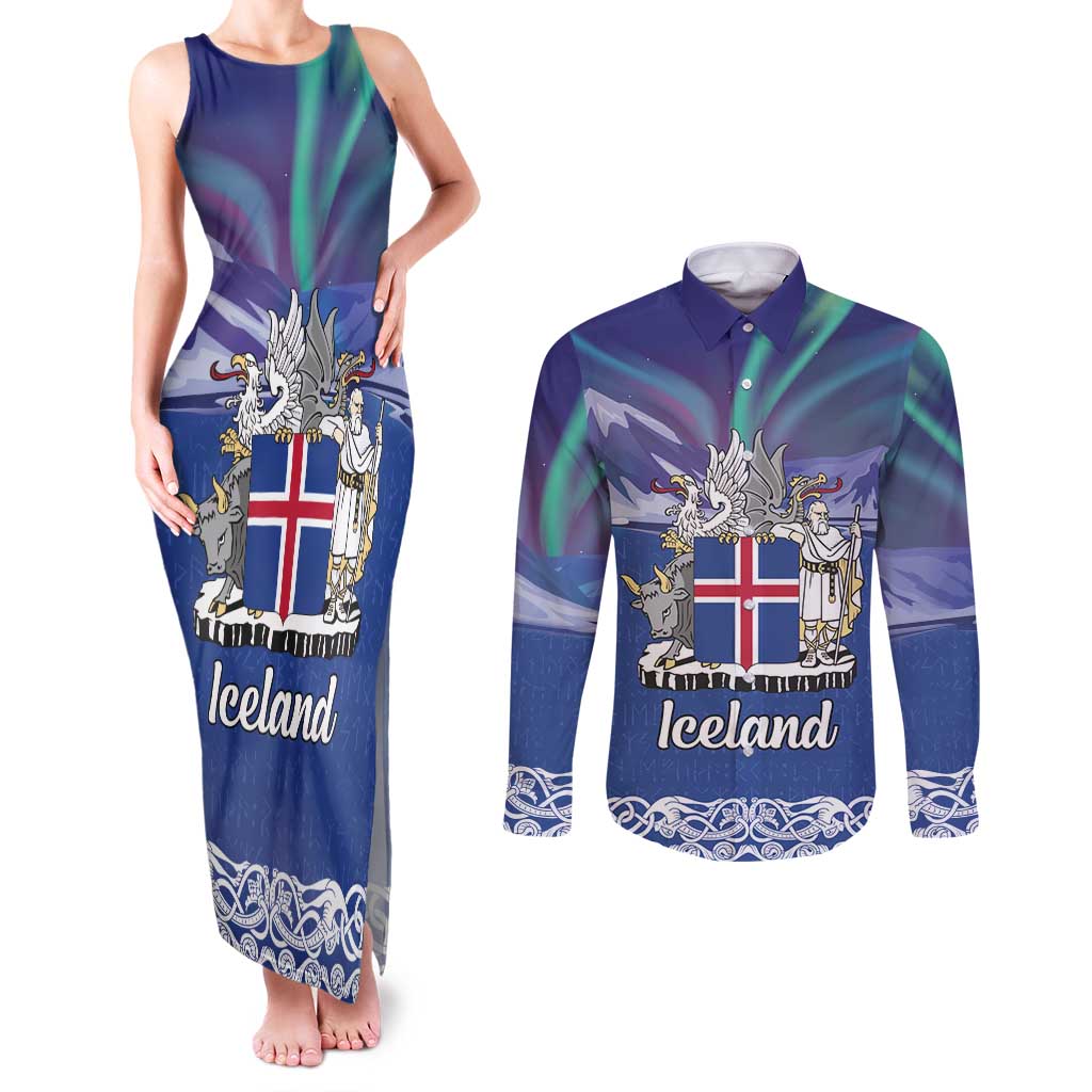 Iceland Couples Matching Tank Maxi Dress and Long Sleeve Button Shirt Icelandic Landscape Northern Lights