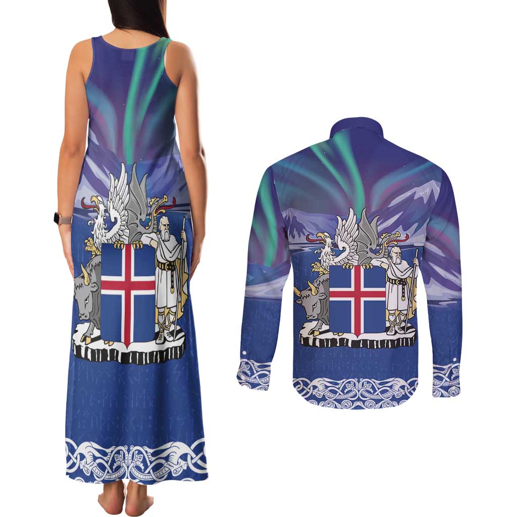 Iceland Couples Matching Tank Maxi Dress and Long Sleeve Button Shirt Icelandic Landscape Northern Lights