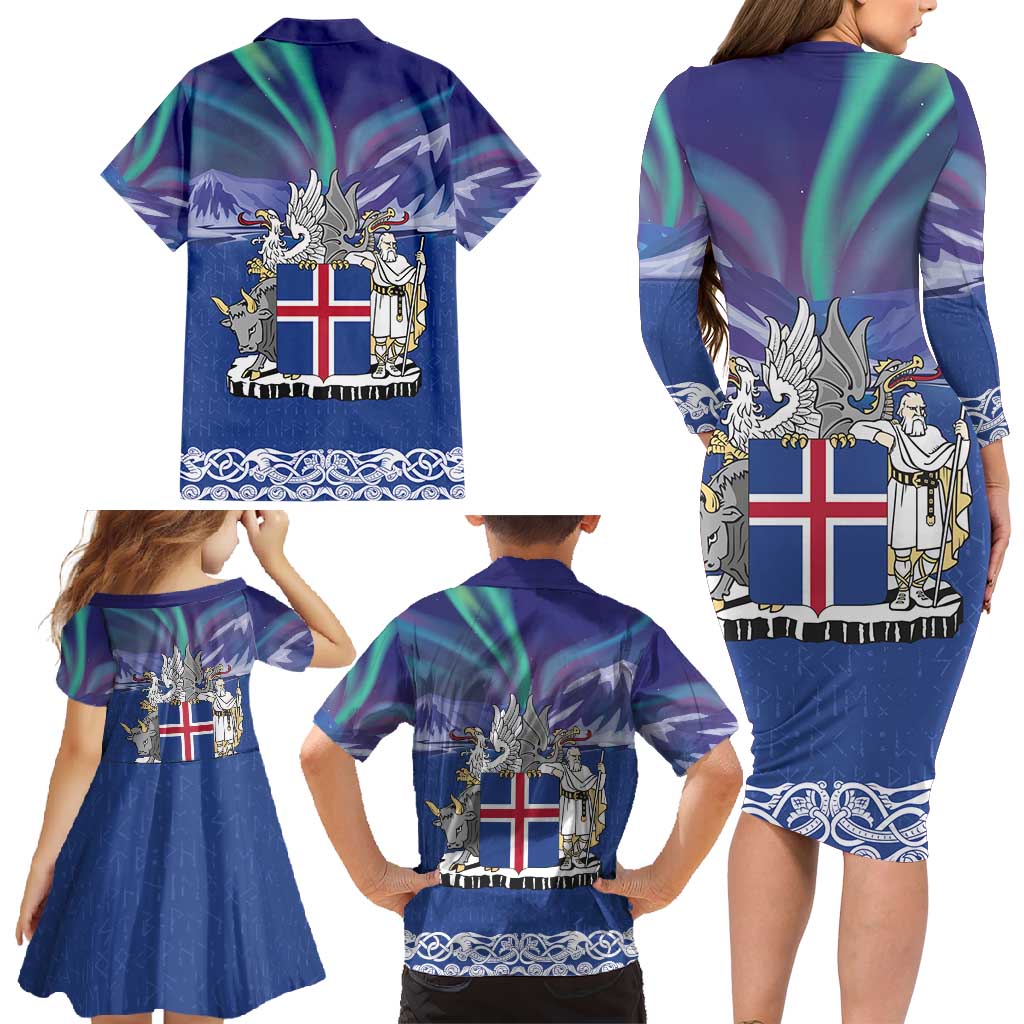 Iceland Family Matching Long Sleeve Bodycon Dress and Hawaiian Shirt Icelandic Landscape Northern Lights