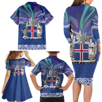 Iceland Family Matching Long Sleeve Bodycon Dress and Hawaiian Shirt Icelandic Landscape Northern Lights