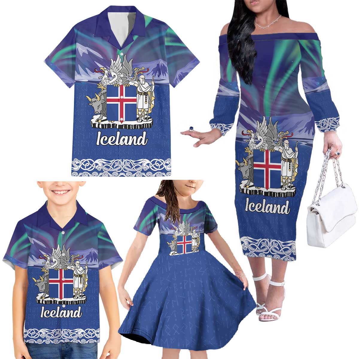 Iceland Family Matching Off The Shoulder Long Sleeve Dress and Hawaiian Shirt Icelandic Landscape Northern Lights