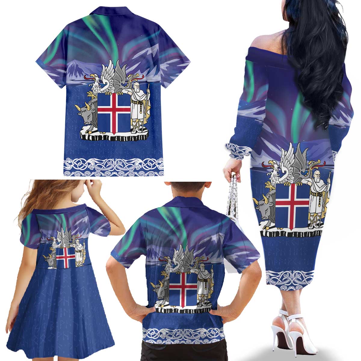 Iceland Family Matching Off The Shoulder Long Sleeve Dress and Hawaiian Shirt Icelandic Landscape Northern Lights