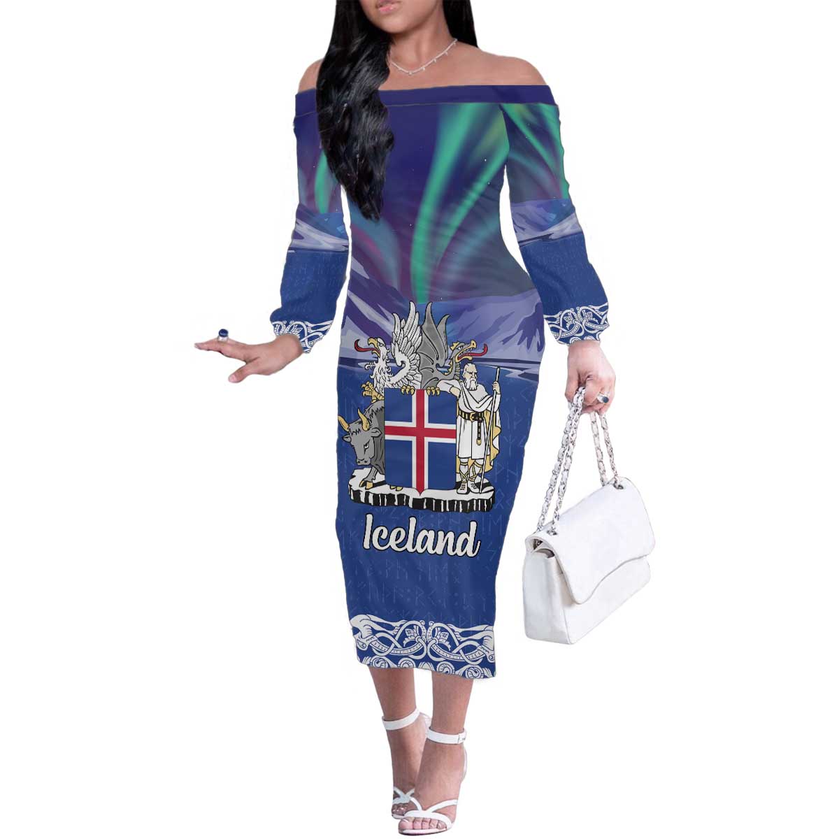 Iceland Family Matching Off The Shoulder Long Sleeve Dress and Hawaiian Shirt Icelandic Landscape Northern Lights