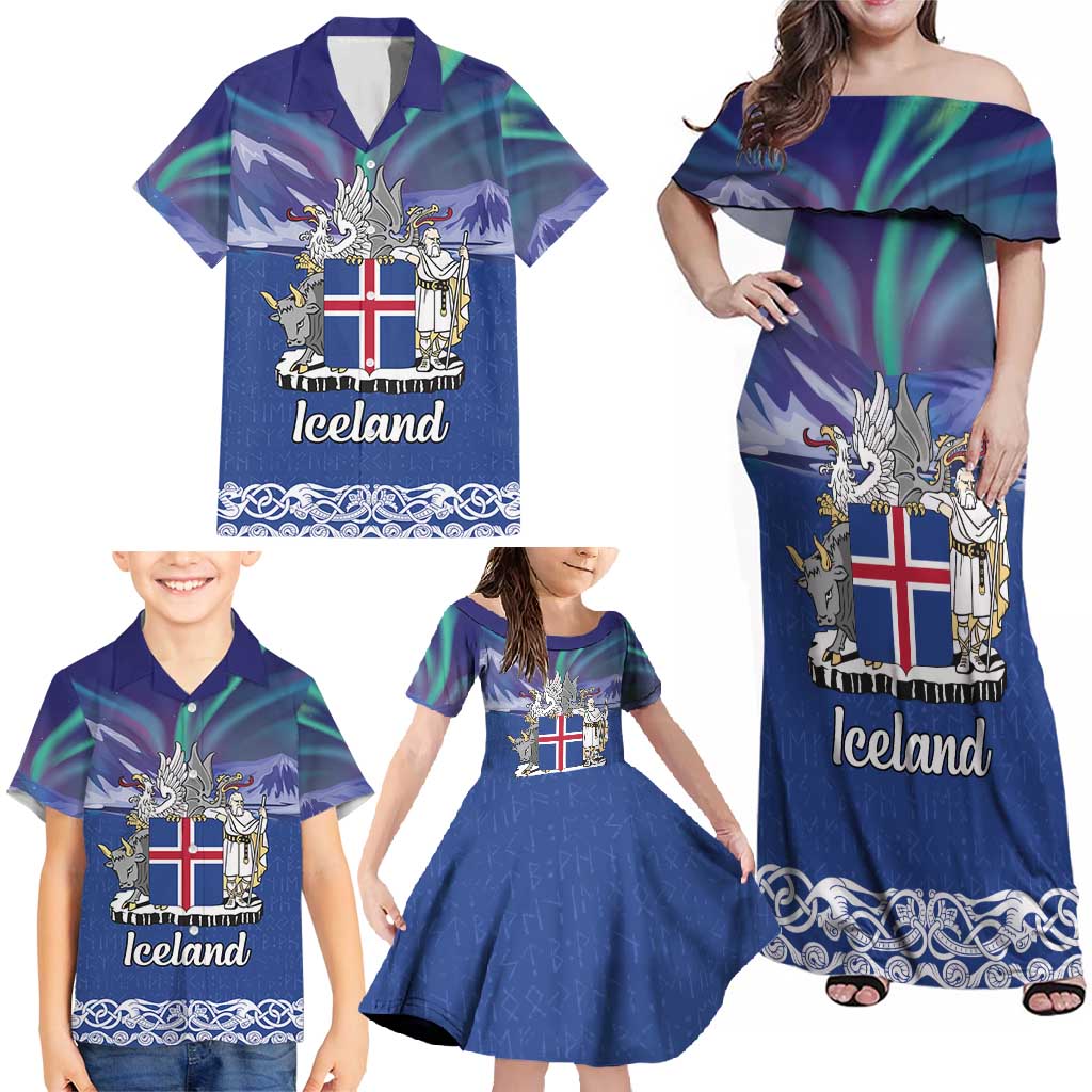 Iceland Family Matching Off Shoulder Maxi Dress and Hawaiian Shirt Icelandic Landscape Northern Lights