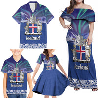 Iceland Family Matching Off Shoulder Maxi Dress and Hawaiian Shirt Icelandic Landscape Northern Lights