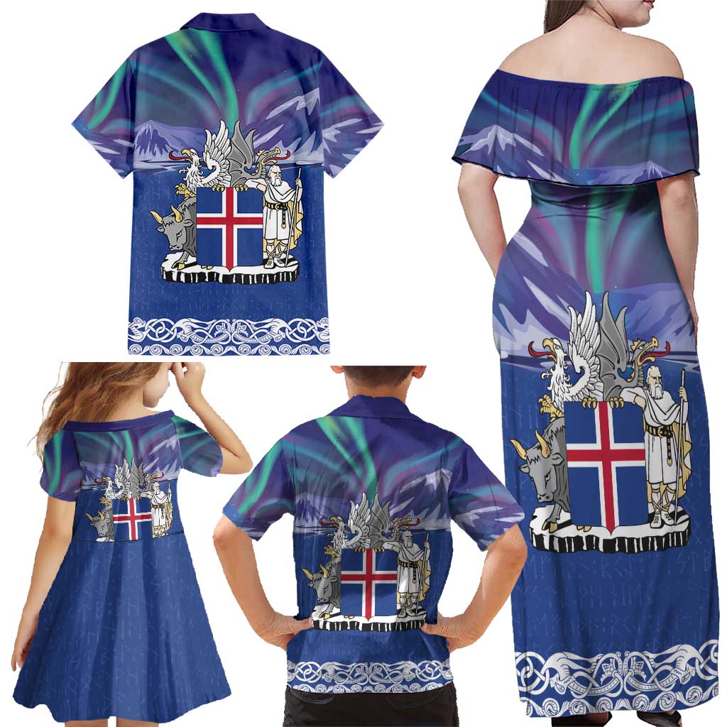 Iceland Family Matching Off Shoulder Maxi Dress and Hawaiian Shirt Icelandic Landscape Northern Lights