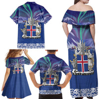 Iceland Family Matching Off Shoulder Maxi Dress and Hawaiian Shirt Icelandic Landscape Northern Lights